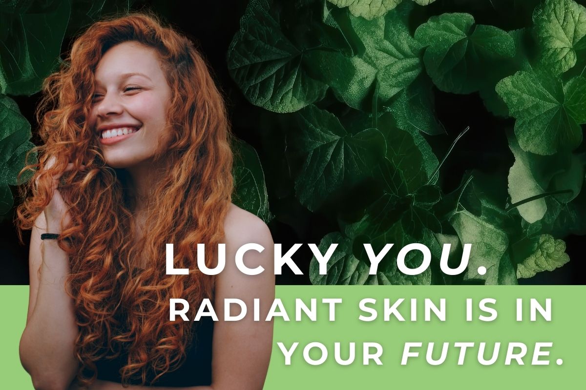 Promotion header with image of a woman and text "lucky you, radiant skin is in your future"