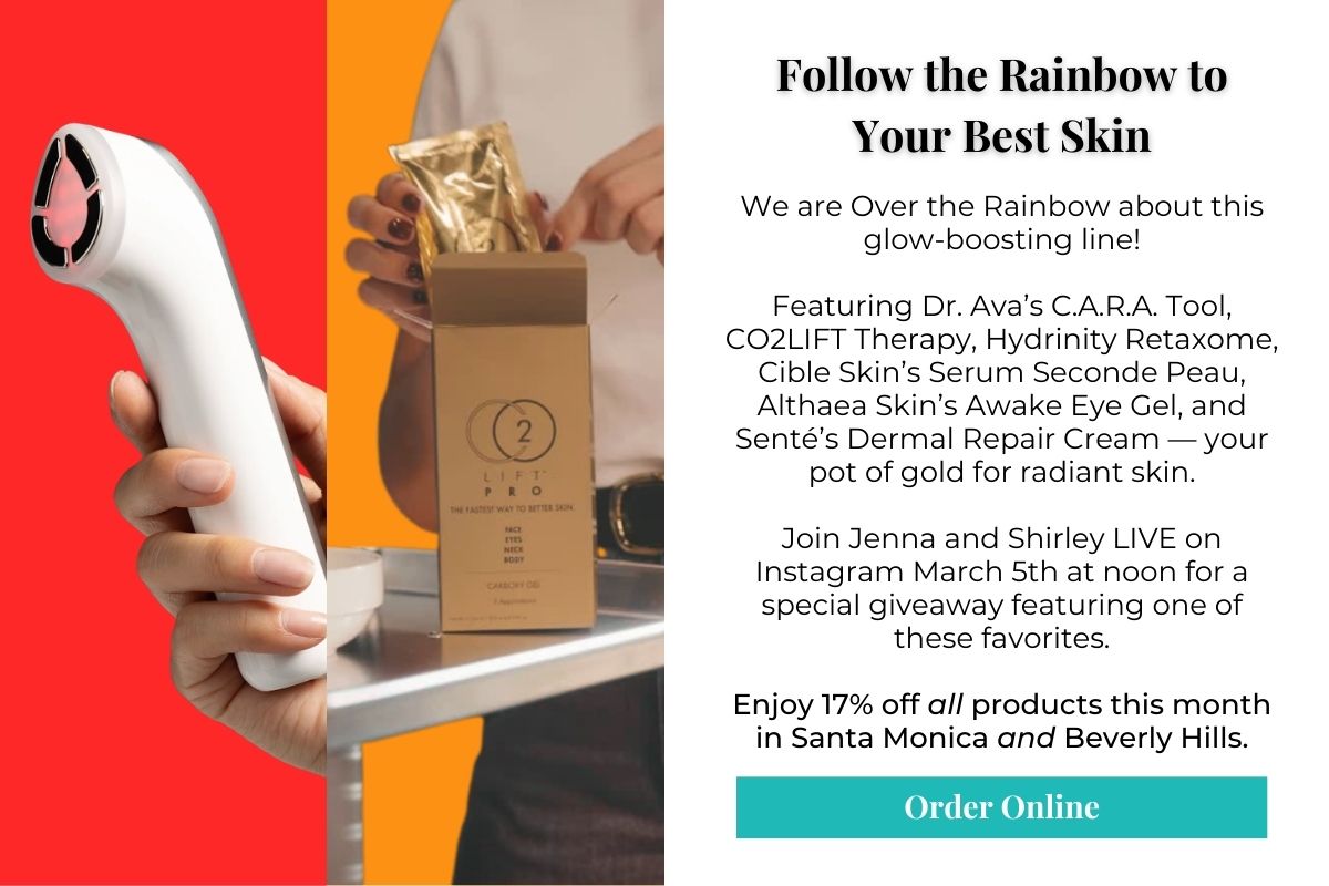 Colorful promotional graphic with red, orange, and neutral backgrounds featuring a handheld skincare device and CO2LIFT Pro product packaging. Text reads: “Follow the Rainbow to Your Best Skin,” highlighting glow-boosting products including Dr. Ava’s C.A.R.A. Tool, CO2LIFT Therapy, Hydrinity Retaxome, Cible Skin Serum, Althaea Skin Awake Eye Gel, and Senté Dermal Repair Cream. Mentions an Instagram Live giveaway on March 5th and 17% off all products in Santa Monica and Beverly Hills, with an “Order Online” button.