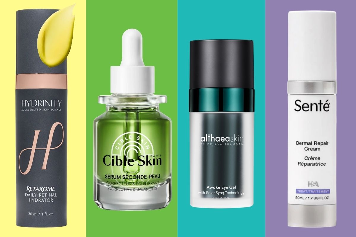 Product display featuring four skincare items against colorful backgrounds: Hydrinity Retaxome Daily Retinal Hydrator in a dark bottle with a yellow serum drop, Cible Skin Serum Seconde Peau in a green glass dropper bottle, Althaea Skin Awake Eye Gel in a teal and black bottle, and Senté Dermal Repair Cream in a white pump bottle.