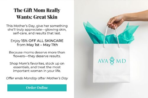 A hand holds a white AVA MD gift bag with teal tissue paper, with text promoting 15% off all skincare from May 1st through May 11th for Mother's Day.