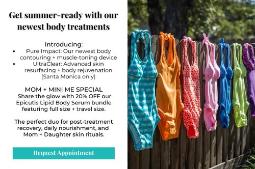 Colorful swimsuits hanging on a wooden fence in sunlight, with text introducing Pure Impact body contouring and UltraClear skin resurfacing treatments, and a Mom + Mini Me 20% off Epicutis Lipid Body Serum bundle.