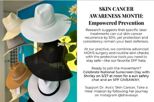 Three sun hats on a display stand next to text about Skin Cancer Awareness Month, MOHS surgery, and a National Sunscreen Day SPF giveaway on May 27th at noon with Shirley.